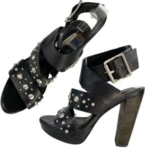 Vera Wang Lavender Black Leather Studded Stacked Heel Sandals 37.5